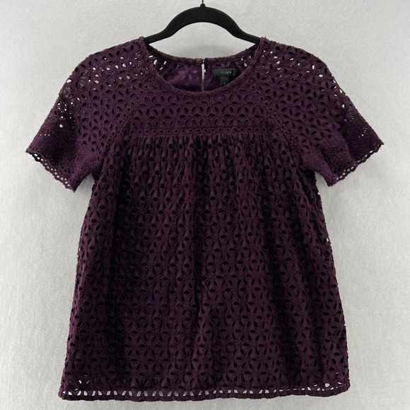 J.CREW Blouse Womens Sz 0 Floral Eyelet Short Sleeve Back Keyhole Cotton Purple - Picture 1 of 11